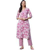 Stylum Women's Floral Printed Cotton Straight Kurta Pant Set (Kppurplemanali42_Purple, Xl)