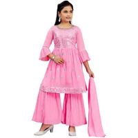 Aarika Girls Ethnic Wear Gajri Colour Sequins Embroidery Georgette Kurti Sharara Set-(10-15 Years)-(Sh-38237-Gajri-40)