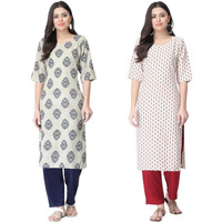 Pinkmint Kurta Set For Women Ll Printed Kurti & Pant Set Ll Regular Kurta Set Ll (Pack Of 2) Olive-White