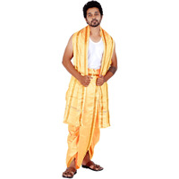 Prakasam Cotton- Asha Pattu (Art Silk) 9X5 Tusser Colour Panchakacham (Dhoti & Angavastram) Set