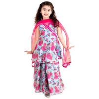 Pspeaches Girls Blue Floral Printed Angrakha Gotta Patti Pure Cotton Kurti With Sharara With Dupatta (Blue-10-12Y)