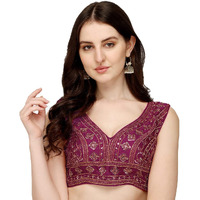 Pujia Mills Women's Silk Embroidery Sequins Zari Work Readymade Saree Blouse (Radha Krishna 11_Wine_38)