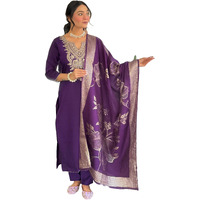 Nermosa Womens Silk Solid Purple Kurta Set With Dupatta Golden Embroidery Work (In, Alpha, L, Purple)