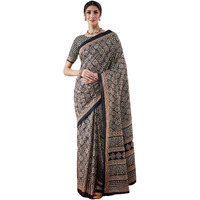 Satrani Women's Silk Crepe Ajrakh Print Saree With Unstitched Blouse Piece (4057S638N_Black & Multi3)