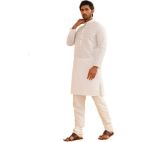 Sojanya (Since 1958 Men's Ethnic Motifs Embroidered Thread Work Pure Cotton White Straight Kurta With Churidar