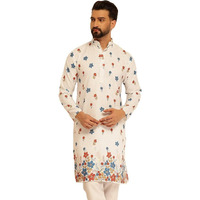 Sojanya (Since 1958 Men's Cotton Daman Print White Long Kurta With Krochet Embroidery