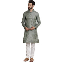 Sojanya (Since 1958 Men's Silk Blend Teal Green Self Design Kurta And White Churidar Pyjama Set