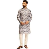 Sojanya (Since 1958 Men's Cotton Linen Printed Blue & White Kurta With White Pyjama