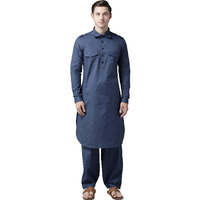 See Designs Men's Solid Cotton Curved Hemline With Shirt Collar Navy Blue Full Sleeve Pathani Kurta With Salwar - Sdkt606Xs