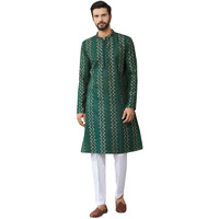 See Designs Men's Long Sleeve Mandarin Collar Side Slit Green Embroidered Thread Work Sequinned Chanderi Silk Straight Kurta - Sdkt2515M