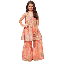 White Button New Pink Floral Print Alia Cut Peplum Top And Sharara Set For Girls