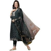 Stylum Women's Bandhani Printed & Embroidered Rayon Flared Kurta Pant Dupatta Set (Kpdtealgalib42_Teal, Xl)