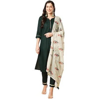Sanisa Women's Cotton Blend Solid Straight Kurta With Pant And Digital Printed Dupatta (75Kbd841Nz-M_Green)