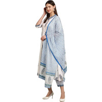 Tee Projekt Women's Cotton Blend Collared Neck Block Printed Kurta Pant With Dupatta Set White