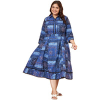 Tissu Women's Plus Size Blue Printed Pure Cotton Fit & Flare Dress (2278_Blue_4Xl)