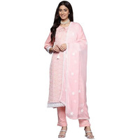 Varanga Women Peach Round Neck Chikankari Straight Kurta With Bottom And Dupatta