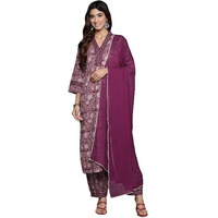 Varanga Women Purple Floral Printed Straight Kurta With Afghani Bottom And Dupatta