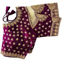 Vihu Fashion Women's Heavy Milan Silk Codding Embroidery With Diamond Work Net Cutwork Blouse (Gopika Wine)