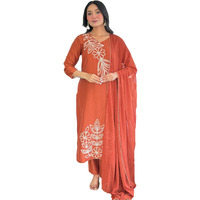 Alvami Women's Silk Embroidery Straight Kurta And Pant Set With Dupatta (Chetna_Orange_Al_Xxl)