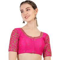 Pujia Mills Women's Phantom Silk Checkered Half Sleeve Blouse (Pink Flower Blouse36_Pink_36)
