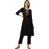 Anubhutee Women's Rayon Black Thread Work Floral Embroidered Straight Kurta Suit Set With Pants