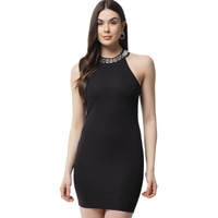 Popwings Solid Halter Neck Bodycon Dresses For Women| Polyester Sleeveless Knee Length Bodycon Women Dress Black