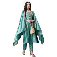 Pratham Blue Women's Silk Embroidered Straight Kurta Palazzos With Dupatta |Kurta Set For Women |Women's Kurta |Women Embroidered Kurta Sets Kurtis (Bkp-1032-Xxl_Green)