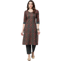Idalia Dark Sea Green And Crimson Floral Printed Straight Cotton Kurta Set For Women