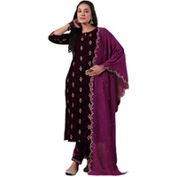 Ishin Women's Velvet Ethnic Motifs Zari Purple Straight Kurta Suit Set With Trousers & Dupatta