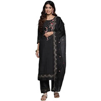 Varanga Women's Black Thread And Sequins Embroidered Kurta With Bottom And Dupatta