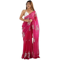 Flosive Women's Shimmer Organza Sequence Embroidery Saree With Unstitched Blouse Piece (Rani Pink)