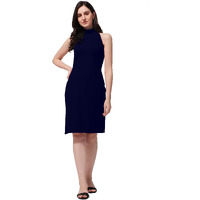 Oomph! Women's Western & Fusion Wear Above Knee/Mid Thigh Length Bodycon Dark Blue Dress In Lycra Blend Fabric With Choker Neck And No Sleeves - Md574L