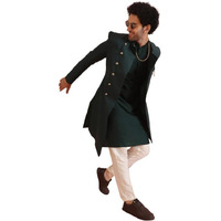 Kisah Men's Kurta Indo-Western Sherwani Trouser Set, Green Cotton Blend, Solid Dyed Regular Fit Mandarin Collar Long Sleeves, 44