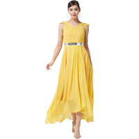 Miss Chase Women's Yellow V-Neck Ruffled Sleeve Solid Embellished Maxi Dress (Mcaw21D06-17-29-05, Yellow, L)