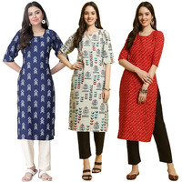 Pinkmint Women's Crepe Printed Kurta Pant Straight Kurta Set For Women(Pack Of 3)