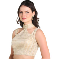 Pujia Mills Woman's Readymade Sleeveless Gold Blouse Halter Neck With String Pattern Backless Ethnic Wear Pattern Choli Blouse