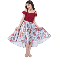 Pspeaches Girl's Floral Printed Cold-Shoulder Satin Fit Flare Midi Purple Dress Effortlessly Stylish And Elegant (12-13Years)