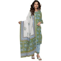 Sanisa Women's Rayon Blend Floral Printed Straight Kurta With Pant And Dupatta Set (181Kbd1932N-M_Green & Blue & White)