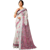 Satrani Women's Linen Printed & Zari Border Ready To Wear One Minute Pre Pleated Readymade Saree With Unstitched Blouse Piece (35Rs338N_Off White & Dark Mauve & Multi)