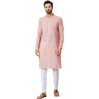 See Designs Men's Long Sleeve Mandarin Collar Side Slit Classic Rose Embroidered Pure Chanderi Silk Straight Kurta - Sdkt2544L
