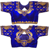 Pujia Mills Women's Multicolor Phantom Silk Water Drop Back Neck Peacock Embroidery Stone Work Sleeves Readymade Saree Blouse (Murari Blouse_Royal Blue_38 Size+Margin)