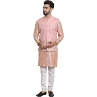 Sojanya (Since 1958 Men's Silk Blend Print Pink Kurta And Off-White Pyjama With Pink Nehrujacket