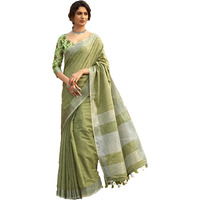 Pujia Mills Woman Soft Linen Saree With Zari Woven Design Cotton Saree Zari Border Saree Indian Ethnic Wear Saree Cotton Saree Casual Light Pista Linen Saree Border Work Saree Plain Professional Saree