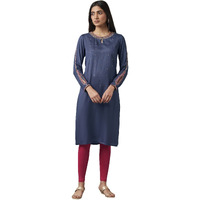W For Woman Women's Viscose Solid Regular Fit Kurta (22Fes10855-216215_Smokey Blue_M)