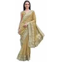 Womanista Women's Gold Colored Designer Shimmer Net Embroidered Saree(Ti7034_Gold_Onesize)