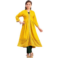 Aarika Girls Ethnic Wear Yellow-Dark Green Colour Foil Print Rayon Kurti Pant Set-8-15 Years (Kp-Sd-5826)