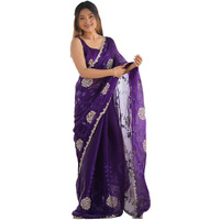 Satrani Women's Shimmer Chiffon Embroidery And Sequin Work Saree With Unstitched Blouse Piece (4136S151N_Dark Purple)