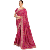 Satrani Women's Georgette Sequin Embroidery Lace & Bandhani Foil Printed Saree With Unstitched Blouse Piece (4114S659N_Rani Pink)