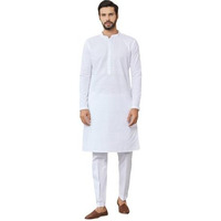 See Designs Men's Long Sleeve Mandarin Collar Side Slit White Embroidered Chikankari Pure Cotton Straight Kurta With Pyjama - Sdkt256001L