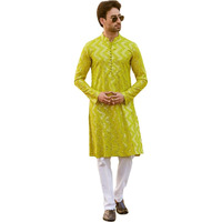 See Designs Men Full Sleeve Lime Green Sequins Woven Designs Mandarin Collar Side Slit Kurta - Sdmkt1486Xs